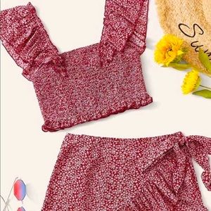 Women's Red 2 Piece Ruffle Trim Cami Crop Top & Wrap Skirt Set from Made Me Chic